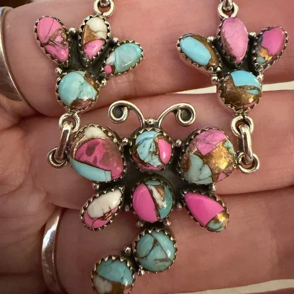 ❤️ Cotton Candy Kingman Turquoise Dragonfly Navajo Style Sterling 925 Necklace - Picture 6 of 11